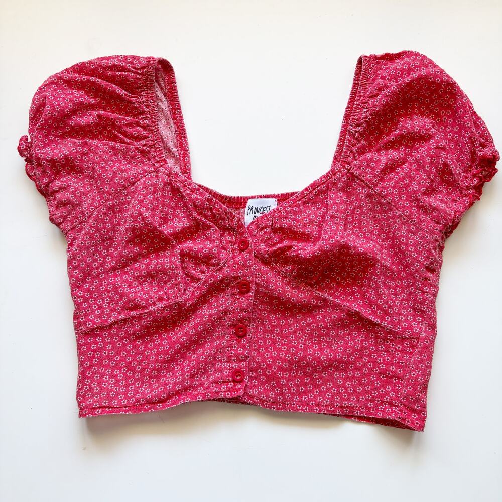 Princess Polly Sz 4 Red Coquette Puffed Sleeve Crop Sexy Cotton Button Top